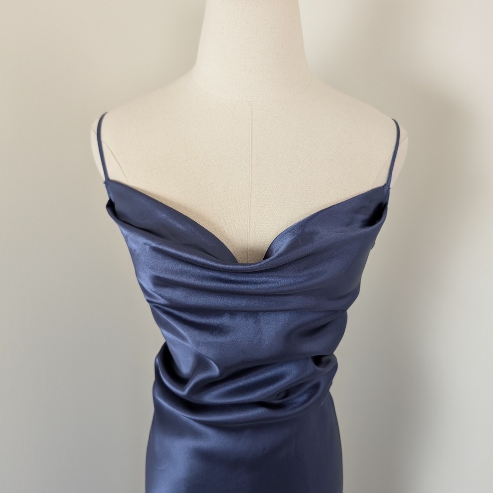 90s Navy Maxi Satin Slip Cowl Neckline Spaghetti Straps Floor Length Open Back - Picture 14 of 14
